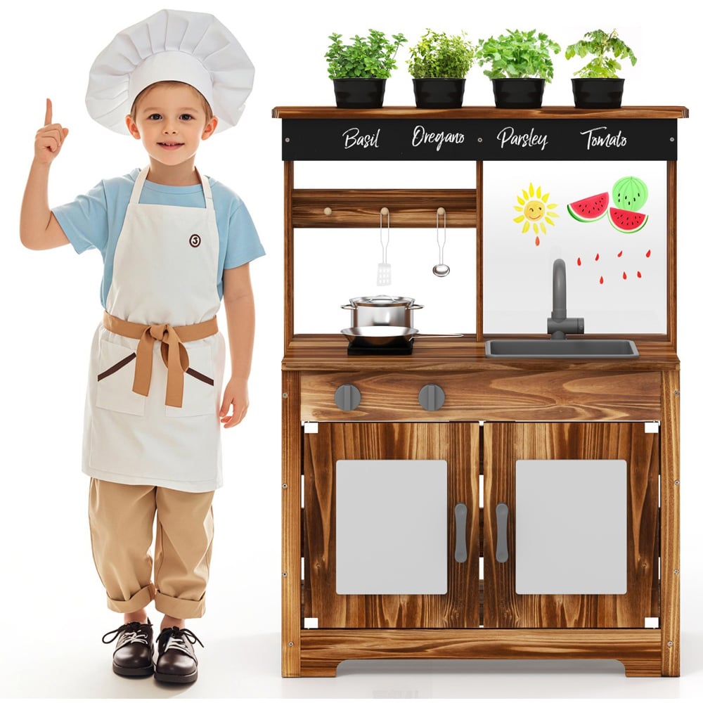 Costway Brown Mud Kitchen Fir Wooden Play Kitchen Image 3