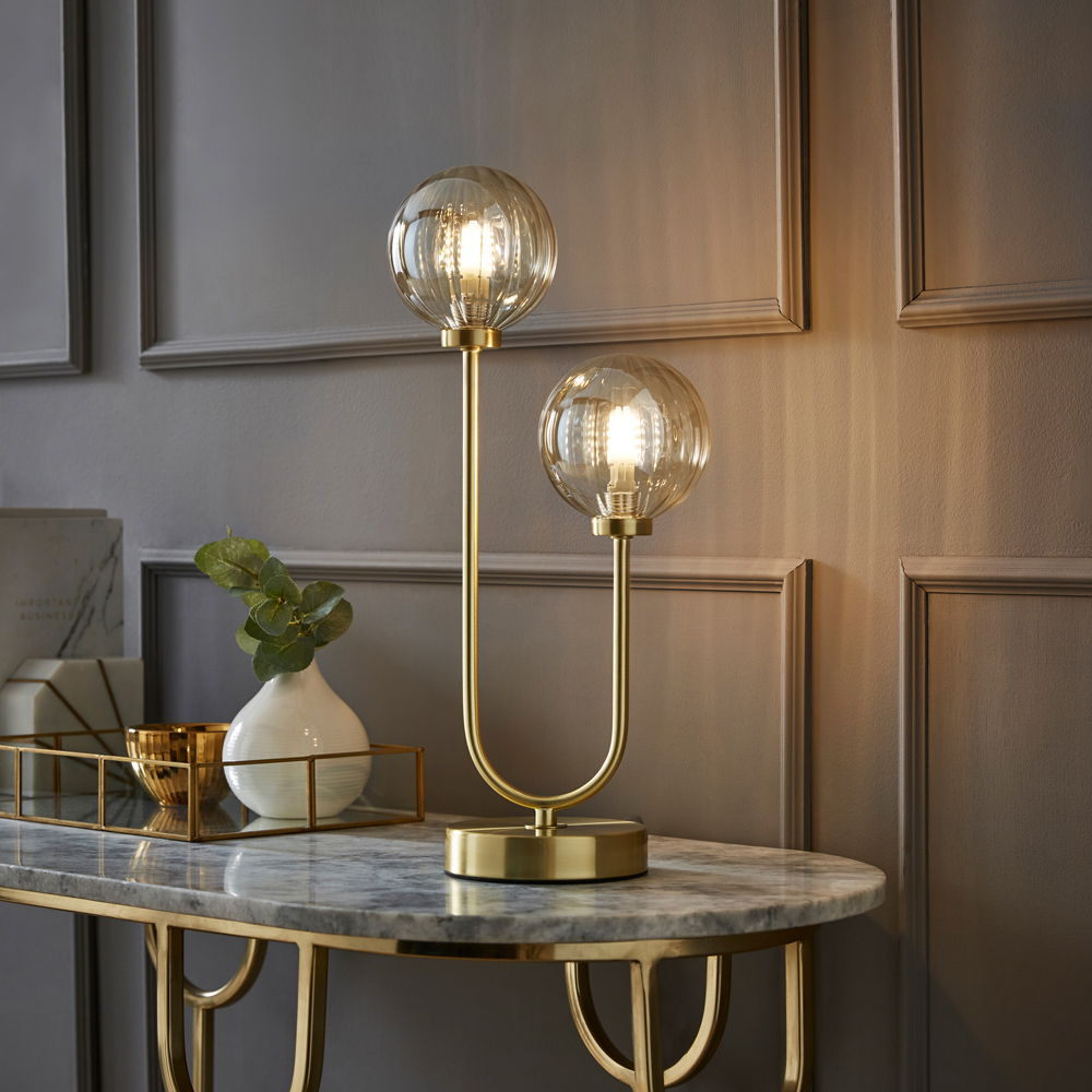 ValueLights Chessy 2 Way Ribbed Glass Globe Gold Stem LED Table Lamp Image 2