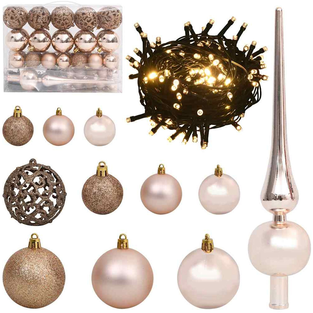 vidaXL Pre-Lit Rose Gold Baubles Green Artificial Hinged Christmas Tree 5ft Image 3