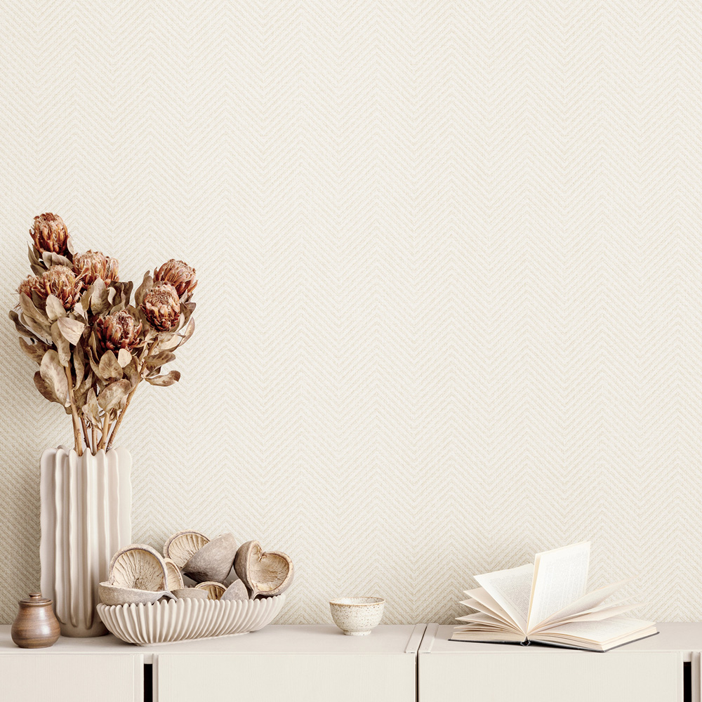 Muriva Ren Woven Herringbone Texture Cream Wallpaper Image 5