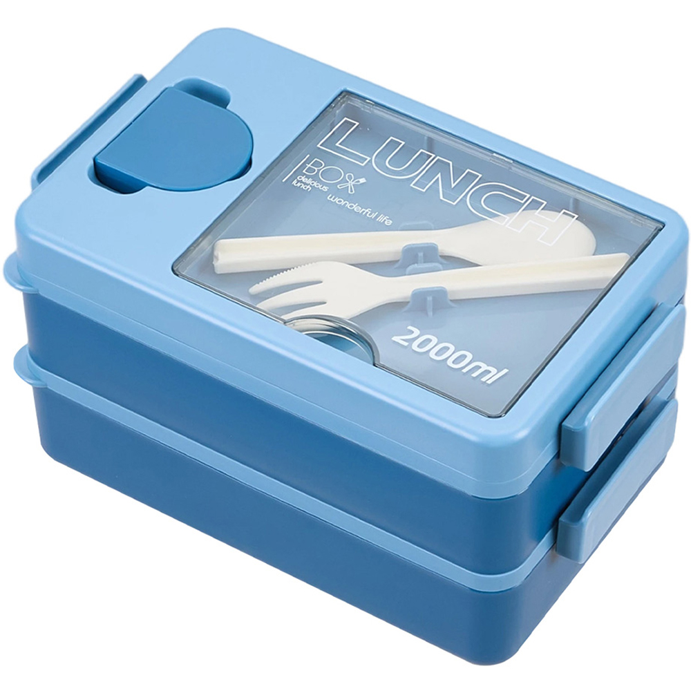 Living and Home 2L 2-Tier Blue Lunch Box with Cutlery and Sauce Container Image 2