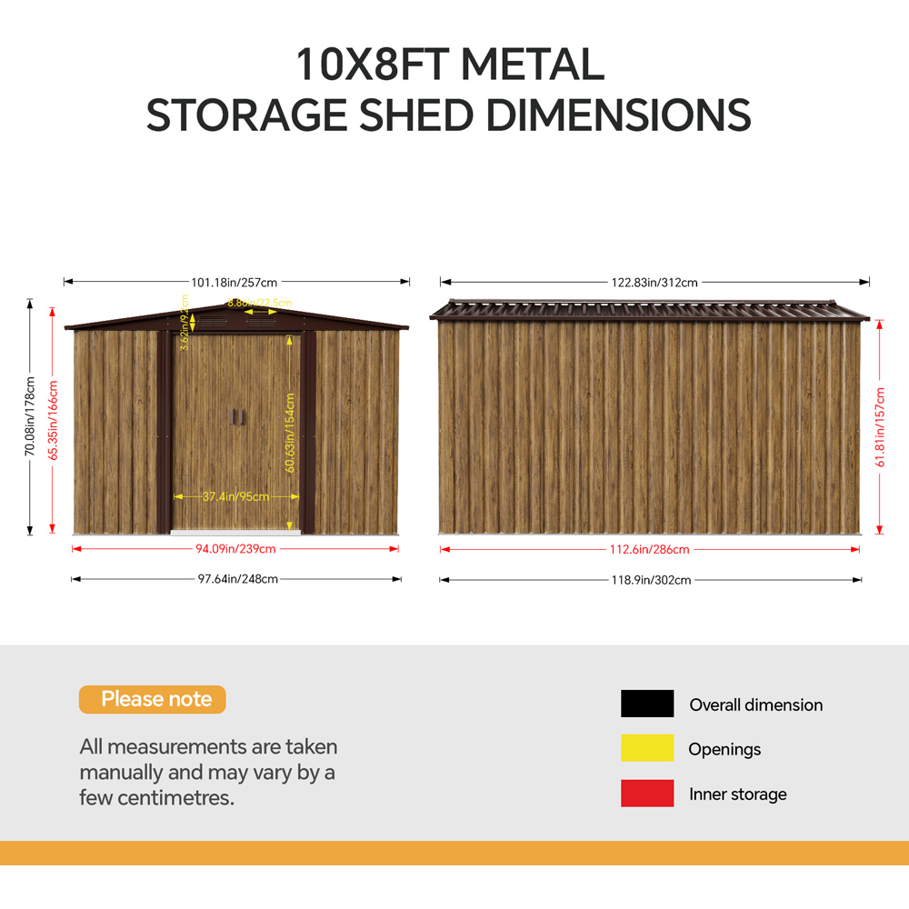 Living and Home 10 x 8ft Brown Wood Grain Metal Apex Garden Storage Shed with Foundation Image 8