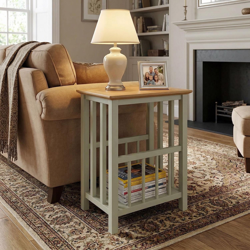 FWStyle Taberno Sage Green and Oak Magazine Rack Table Image 3