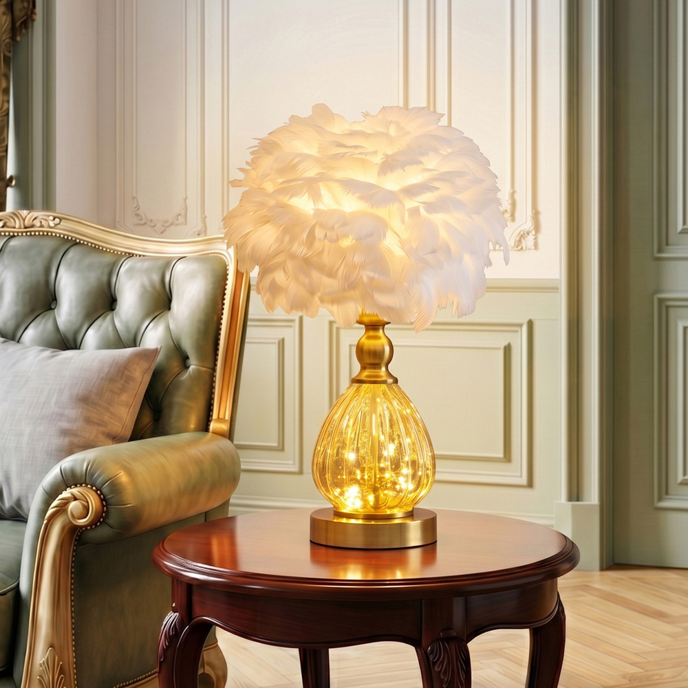 Living and Home Screw E27 Antique Bronze White Goose Feather Shade Table Lamp Image 3