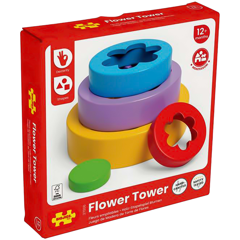 Bigjigs Toys Kids 5 Piece Wooden Flower Tower Stacking and Sorting Toy Image 2