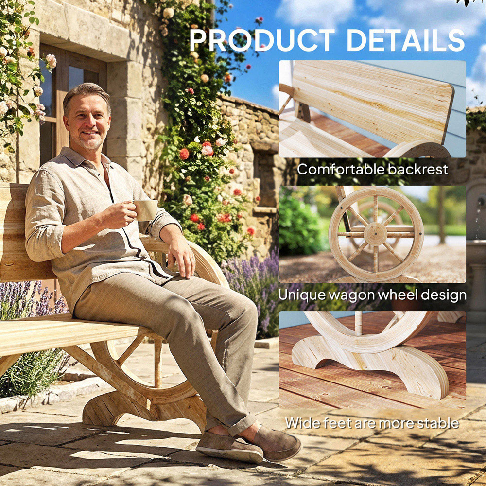 Outsunny 2 Seater Natural Wooden Garden Bench with High Back Image 4