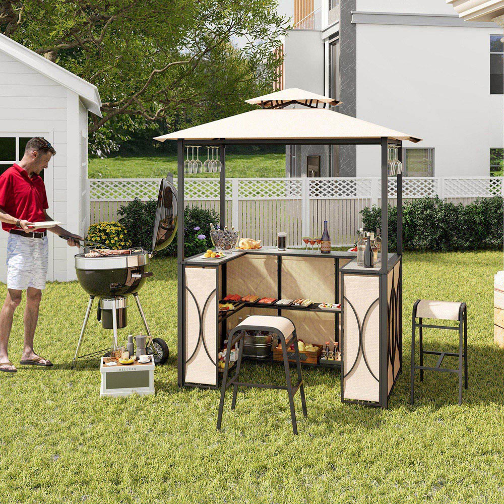 Costway 2.42 x 1.21m Brown Grill Gazebo with 2 Bar Stools and Tempered Glass Bar Table Image 4