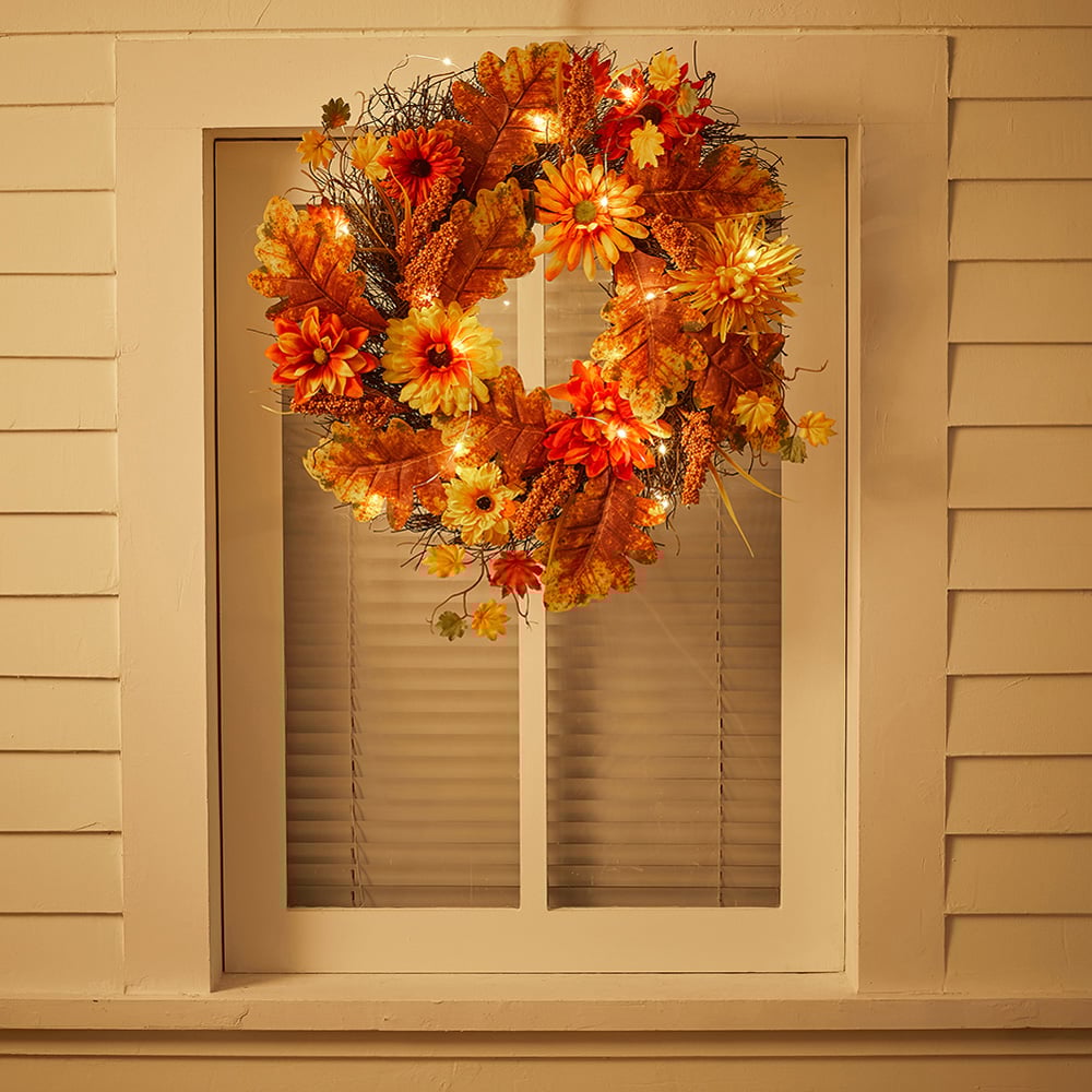 Living and Home LED Wreath with Maple Leaves Daisies and Sorghum 55cm Image 8