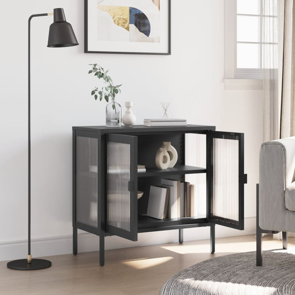 vidaXL 2 Glass Door 2 Shelf Black Wooden Sideboard Image 9