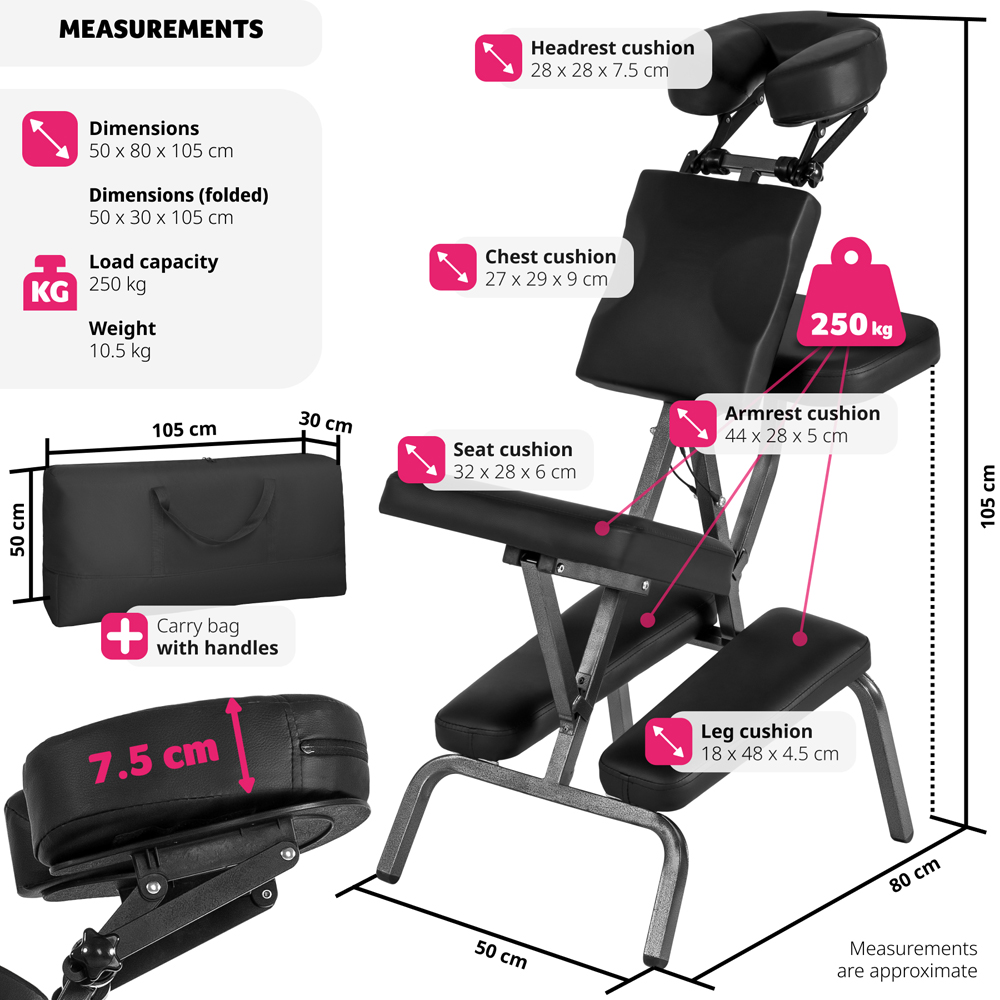 Massage Chair - foldable, cushions for head, chest, arms and seat, with carry bag - Black Image 9