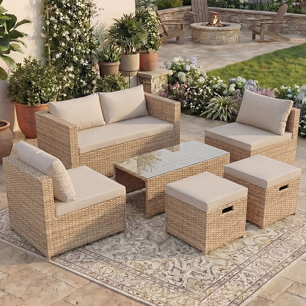 GARDEN VIDA Islay 6 Seater Natural PE Rattan Garden Lounge Set Image 1
