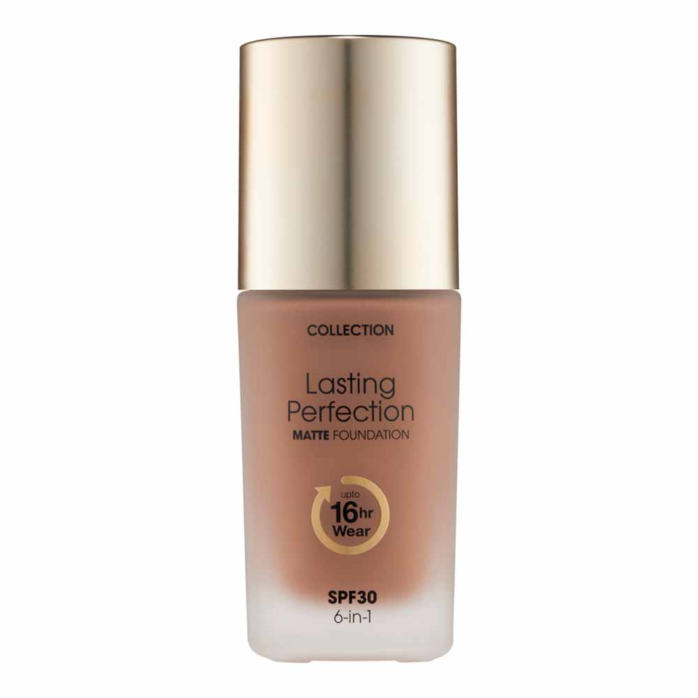 Collection Lasting Perfection Foundation 18 Dark  Mocha 27ml  - wilko The Collection Lasting Perfection Foundation boasts full matte coverage and seamlessly blends to give you a flawless complexion. This new foundation may have a new look and the added extra of SPF30 but it's still the same much-loved formula that's buildable, blendable, breathable and sweatproof. The 6-in-1 formulation primes, conceals, covers, smoothes, protects and mattifies. And it now perfectly matches all shades of the Collection Lasting Perfection Concealer (sold separately). Shade 18 - Dark Mocha - For dark skin tones with a neutral undertone. Suitable for vegans.
