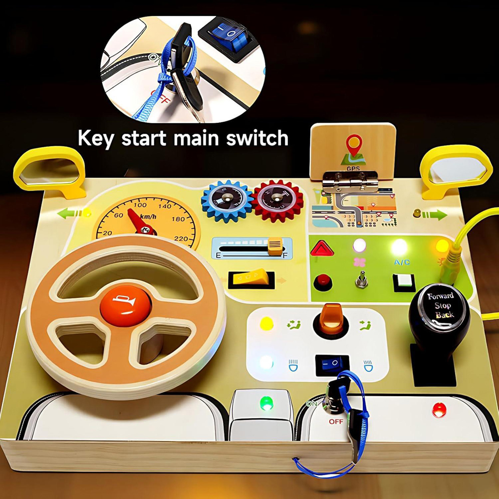 Dyzi Toddlers Montessori Busy Board Wooden Steering Wheel Sensory Toy Image 3