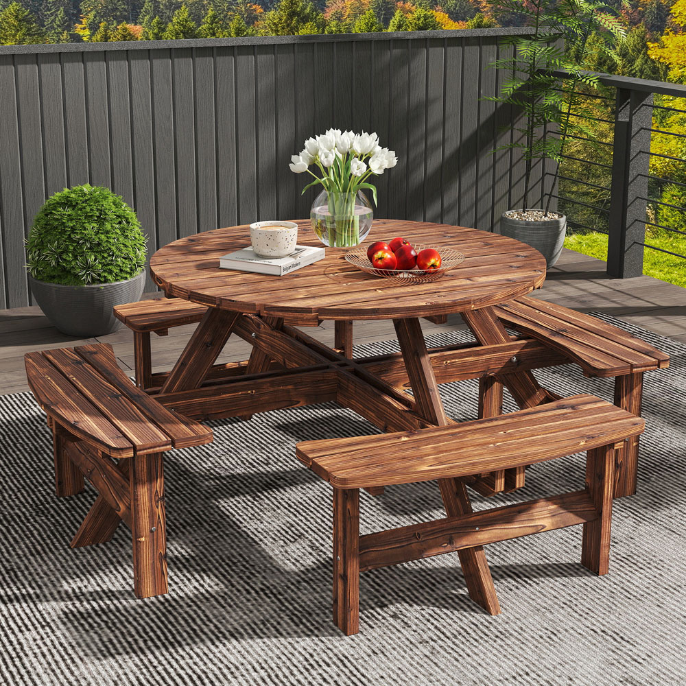 Outsunny 8 Seater Wooden Round Garden Dining Set with Parasol Hole Tan Image 3
