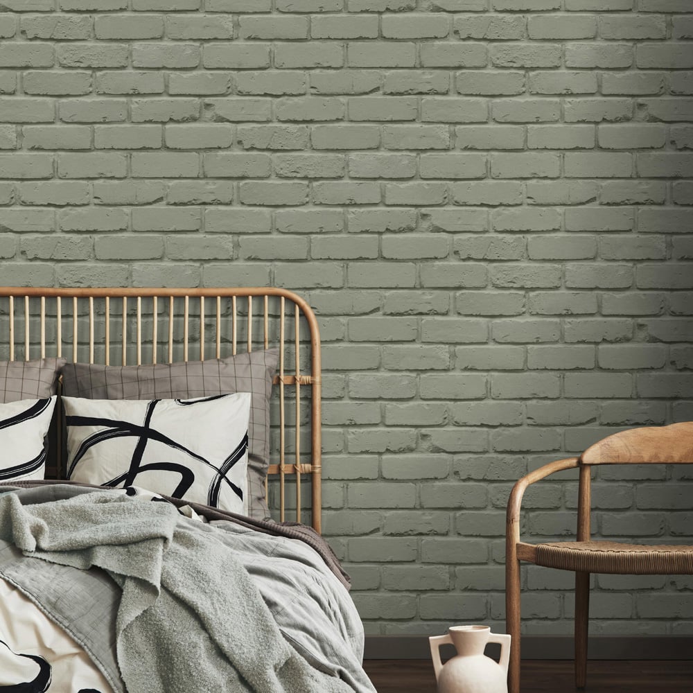Fine Decor Painted Brick Sage Wallpaper Image 4