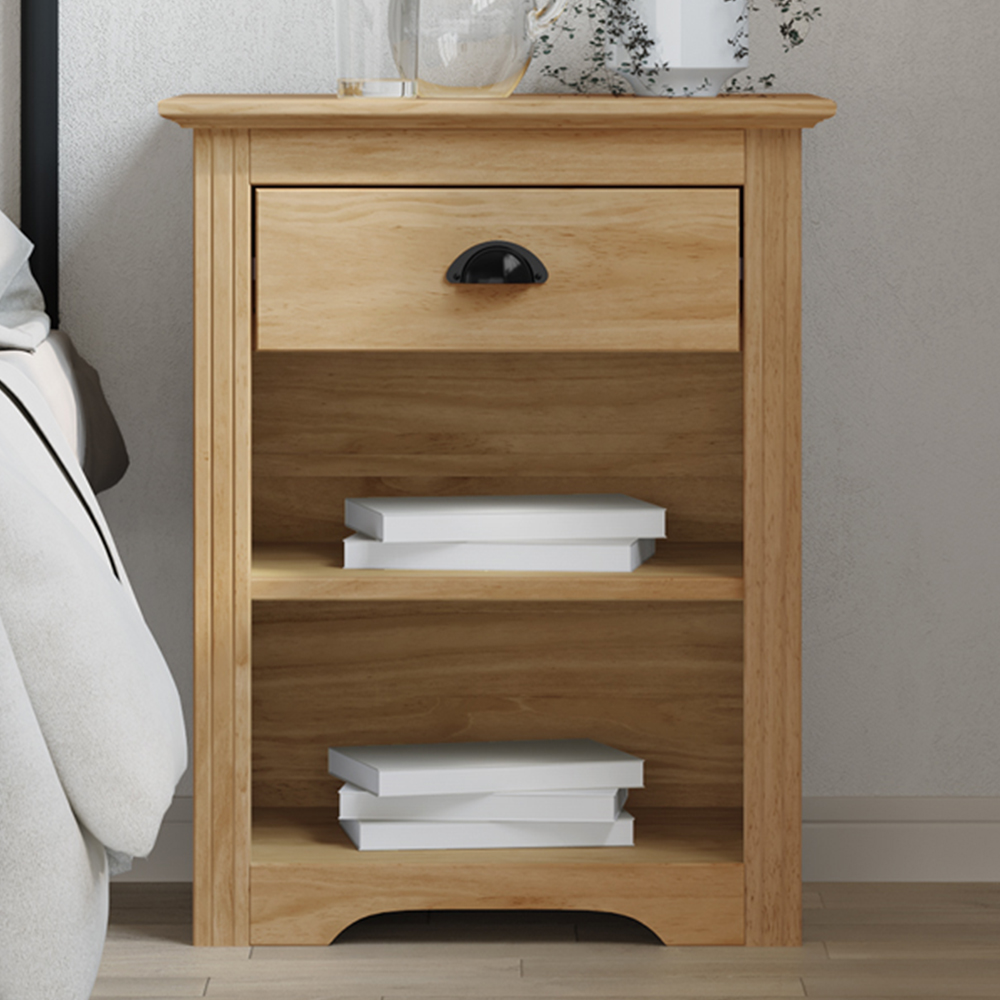 vidaXL Bodo 2 Shelf Single Drawer Honey Brown Wooden Bedside Cabinet Image 1