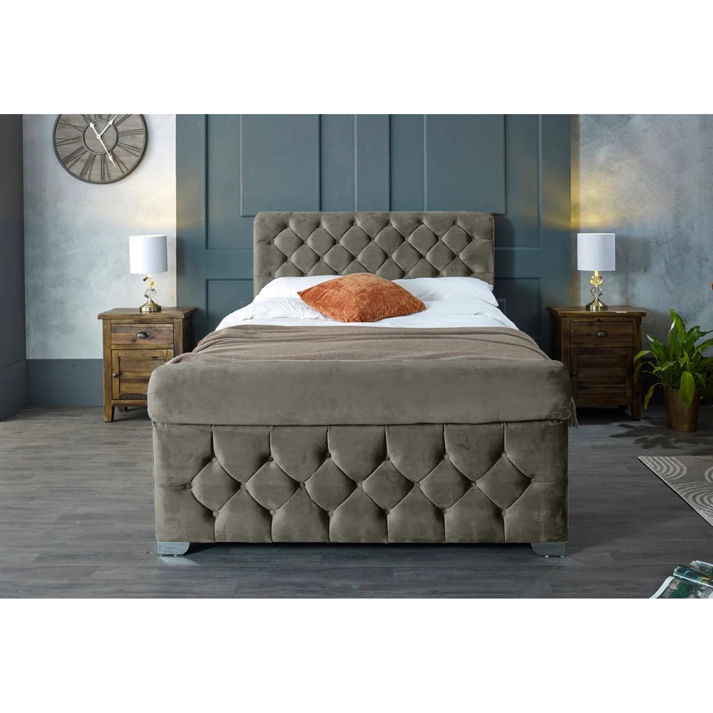 Eleganza Home Veneta Double Grey Plush Velvet Bed Frame with Chesterfield Headboard Image 6