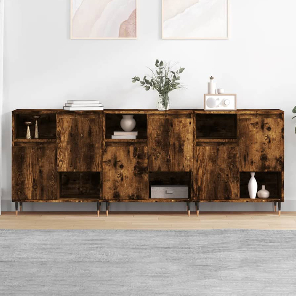 vidaXL 2 Door 2 Shelf Smoked Oak Sideboard Set of 3 Image 1