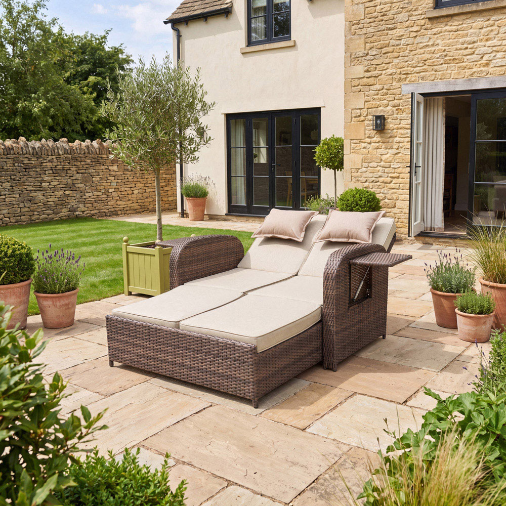 Artemis Home Whitmore Brown and Cream Rattan Reclining Outdoor Sofa Bed with Side Shelves Image 2