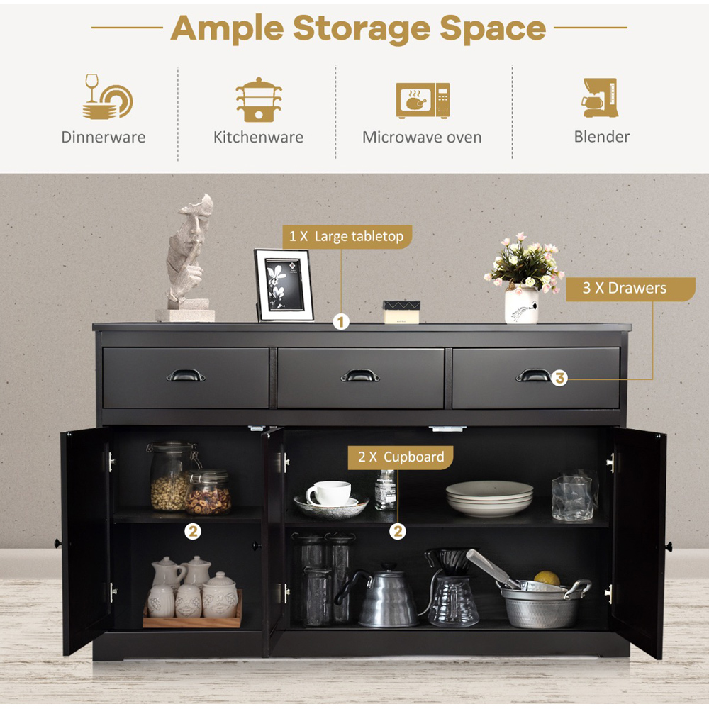 Costway 3 Door 3 Drawer Brown Buffet Sideboard Image 8