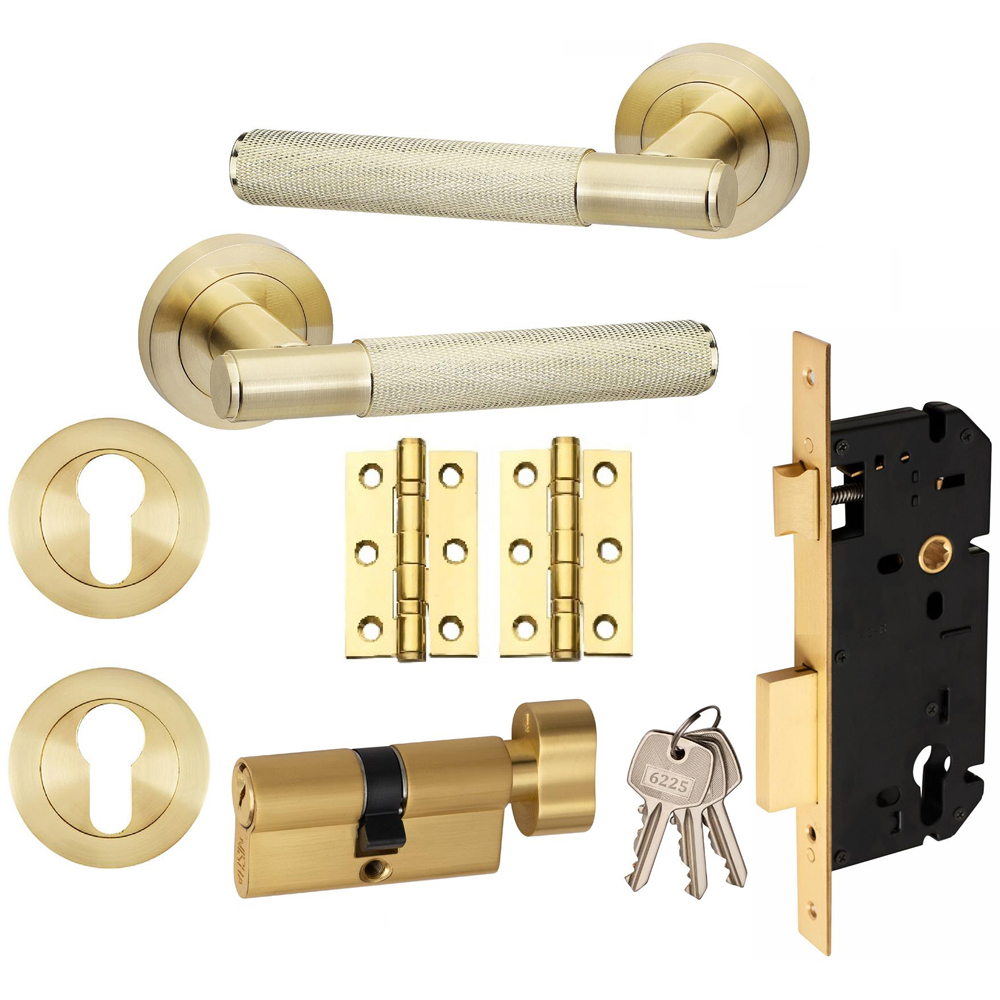 Golden Grace Knurled T-Bar Satin Brass Door Handles Euro Lock and Thumbturn Key Set Image 1