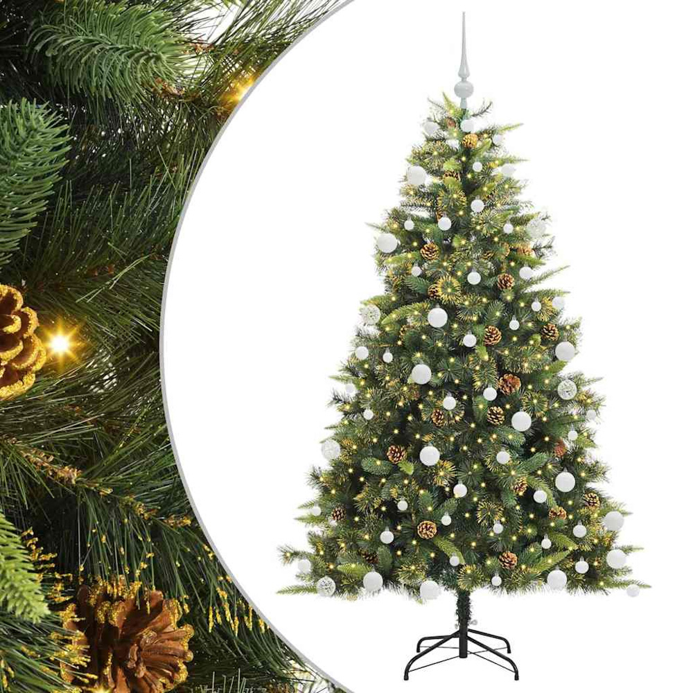 vidaXL Pre-Lit White Baubles and Pinecones Green Artificial Christmas Tree 6ft Image 2