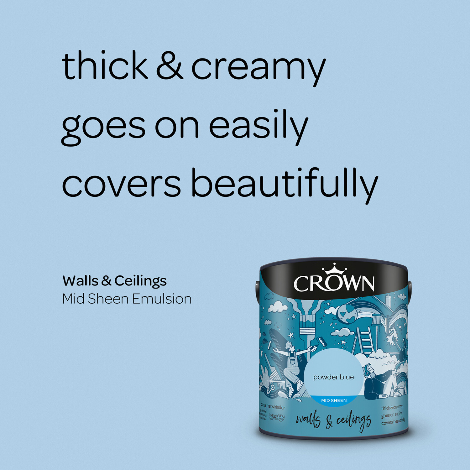 Crown Walls & Ceilings Powder Blue Mid Sheen Emulsion Paint 2.5L Image 8