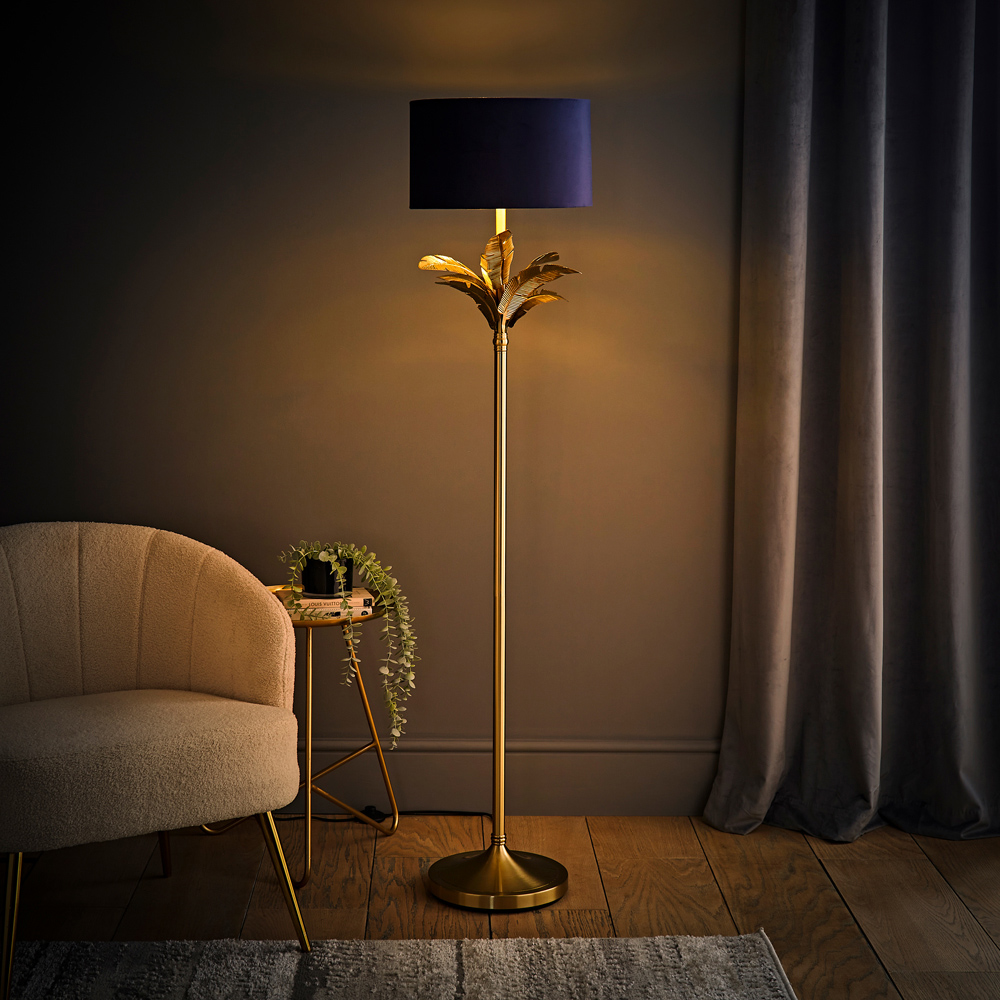 ValueLights Christina Navy Velvet and Gold Palm Leaf Floor Lamp with Bulb Image 6
