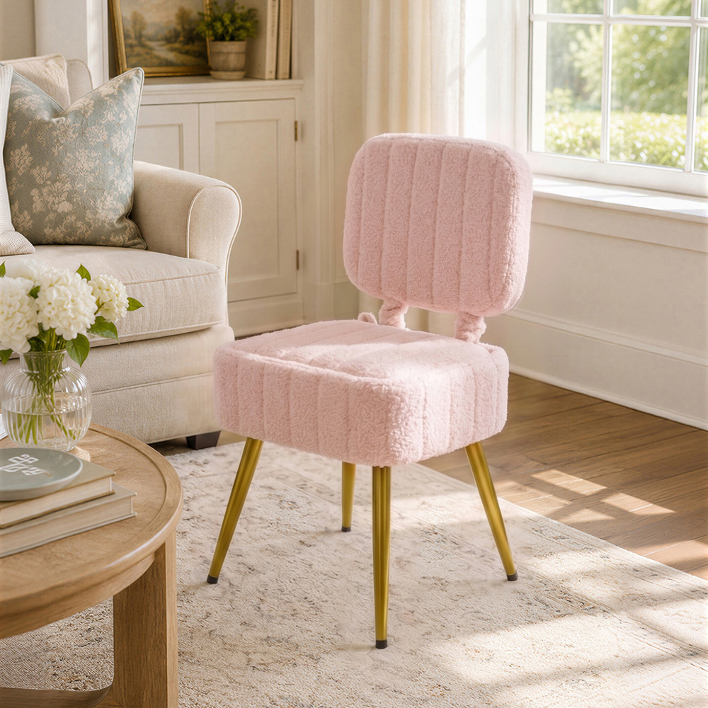 Living and Home Pink Teddy Fleece Foldable Backrest Vanity Chair with Hidden Storage Image 7