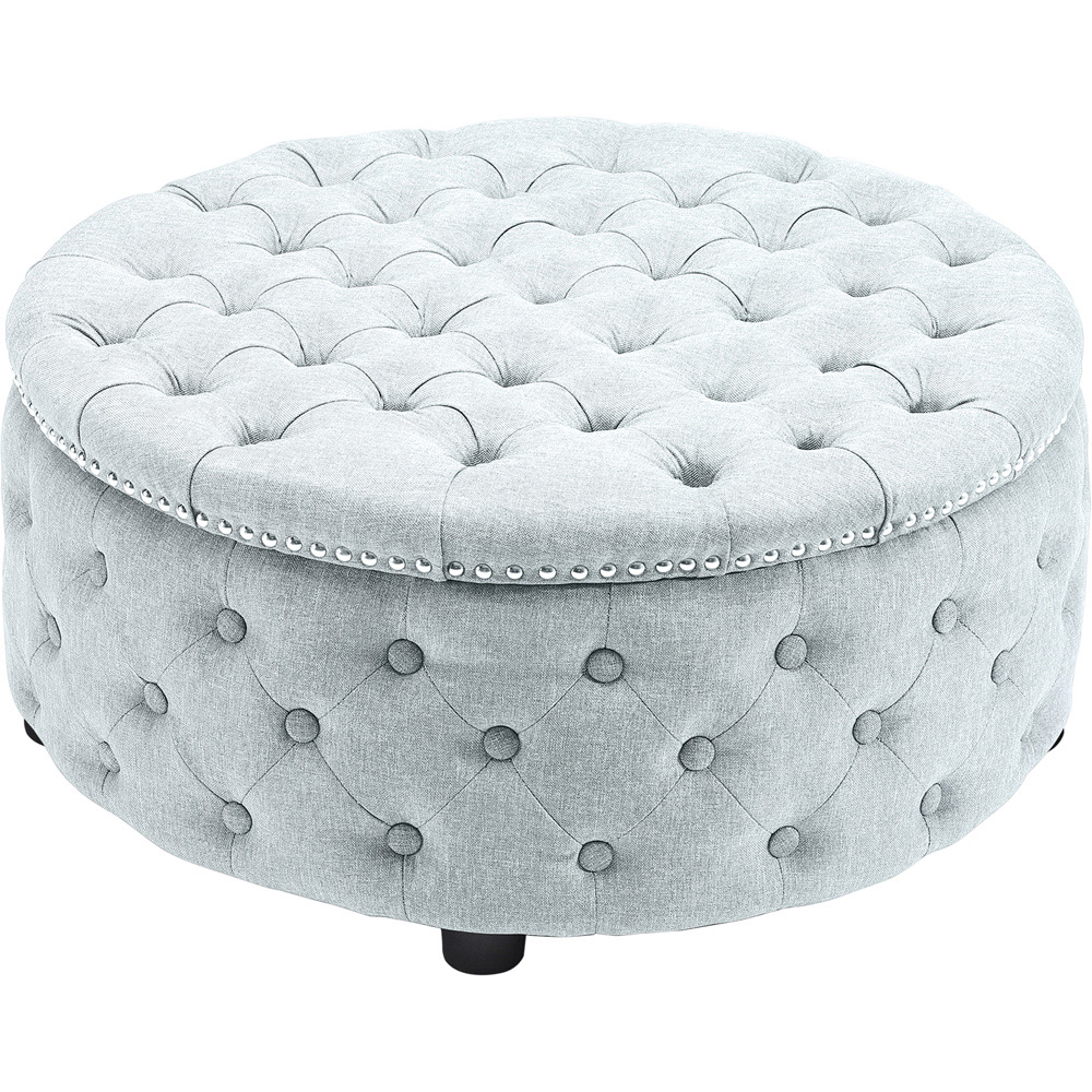 Living and Home Grey White Linen Round Buttoned Ottoman with Studded Edge Image 2