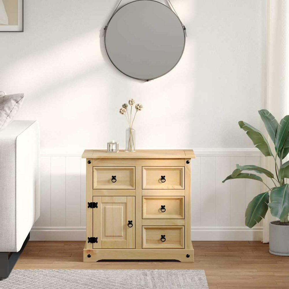 vidaXL Corona Single Door 4 Drawer Natural Solid Pine Wood Sideboard Image 7