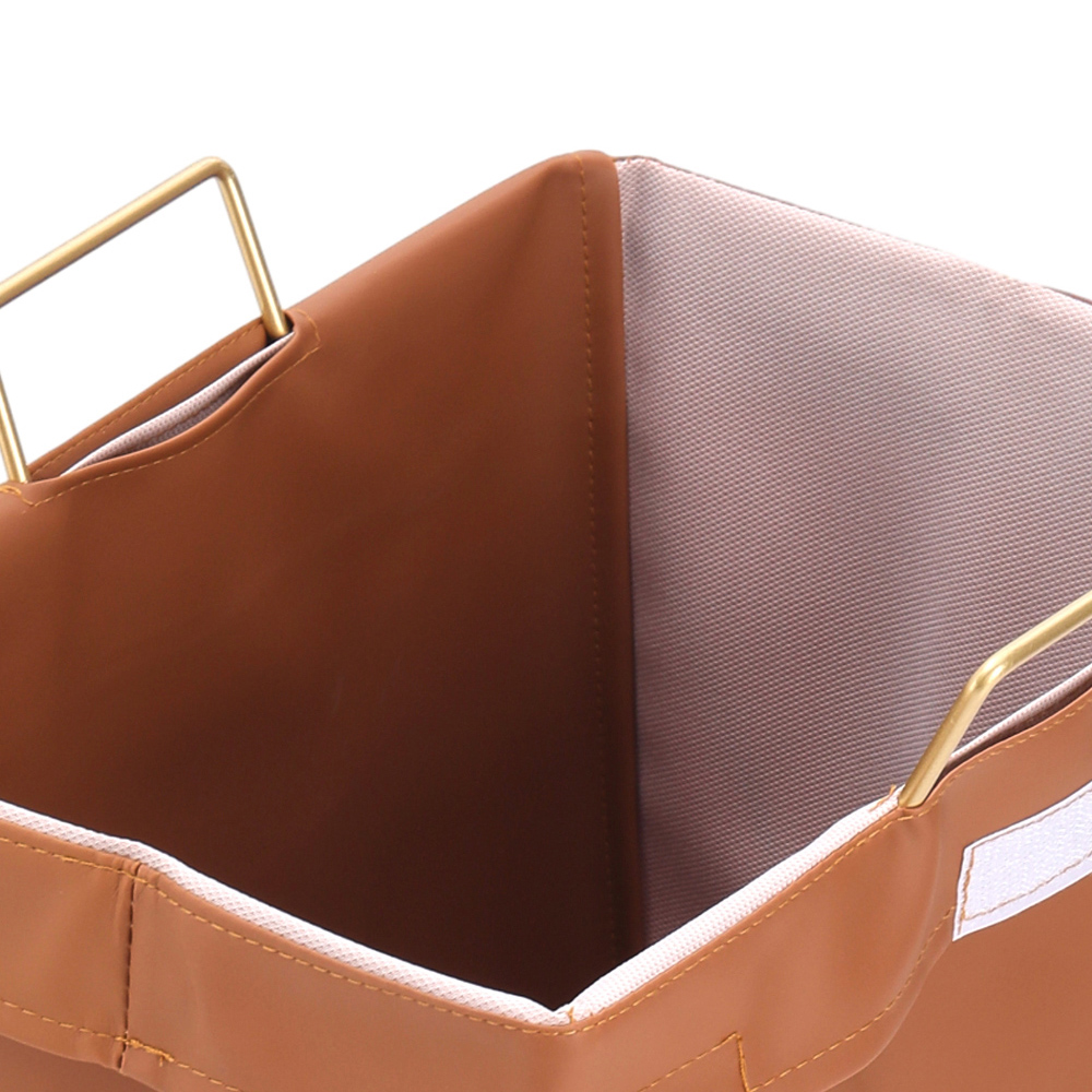 Living and Home Brown Metal Frame PU Leather Collapsible Laundry Basket with Lid Image 3