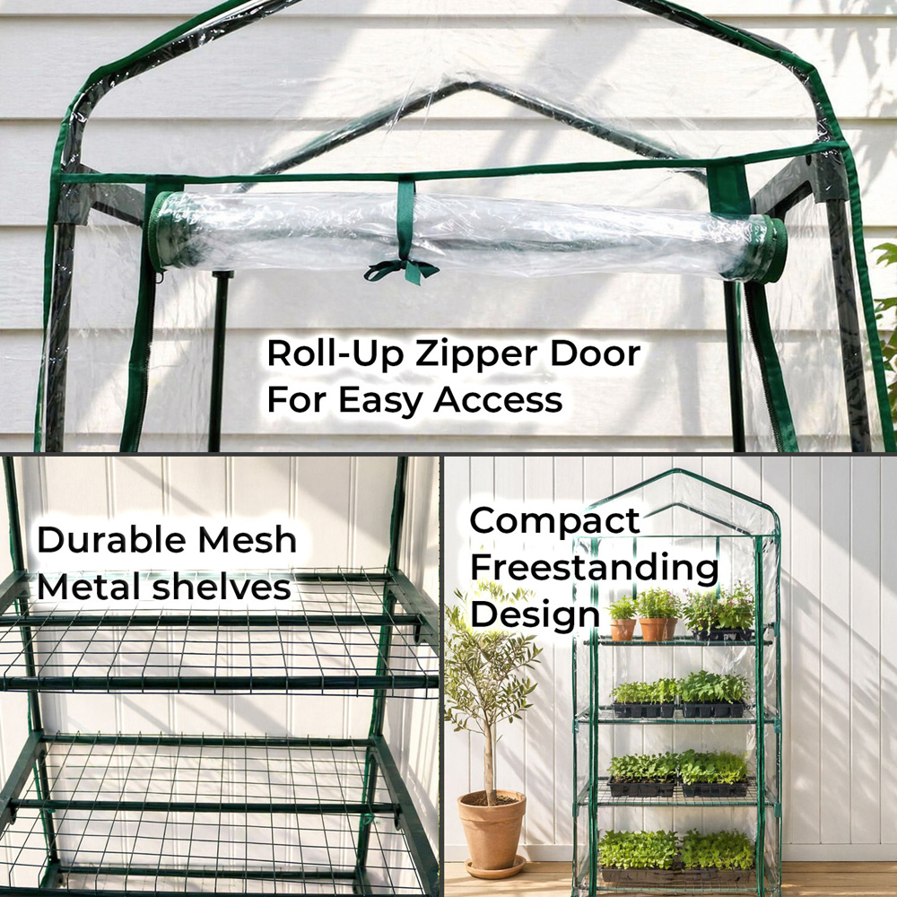 Neo 4 Shelf Green Galvanised Steel and PVC 2.3 x 1.6ft Mini Greenhouse Image 6