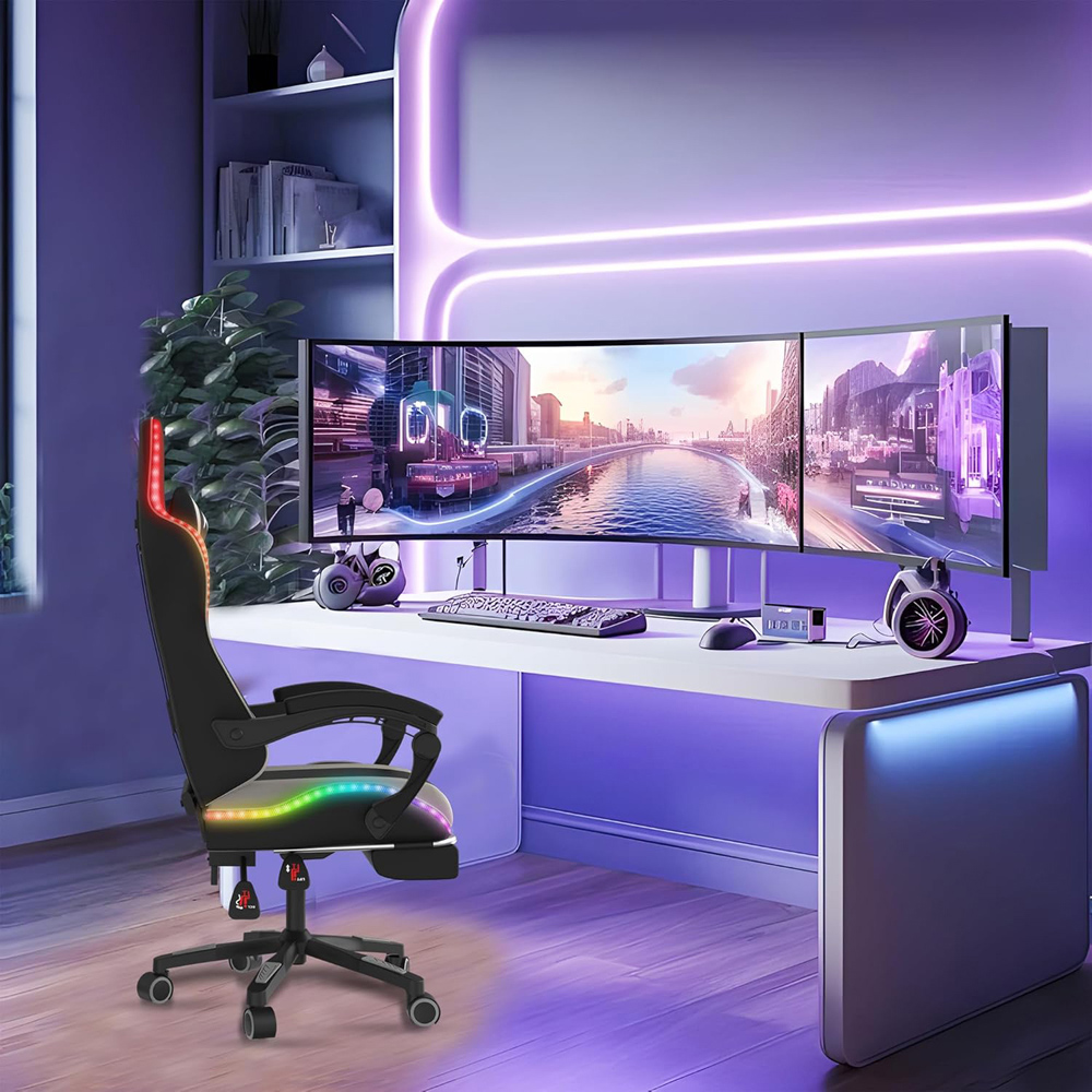 Alivio Grey PU Leather Wireless App Control LED Gaming Chair with Massage Lumbar Cushion Image 5