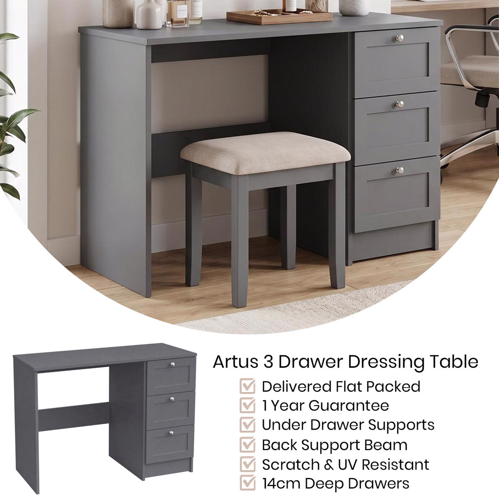FWStyle Artus 3 Drawer Grey Vanity Dressing Table Image 3