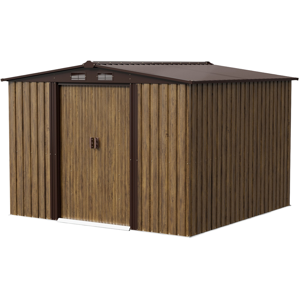 Living and Home 8 x 8ft Brown Wood Grain Metal Apex Garden Storage Shed with Foundation Image 2