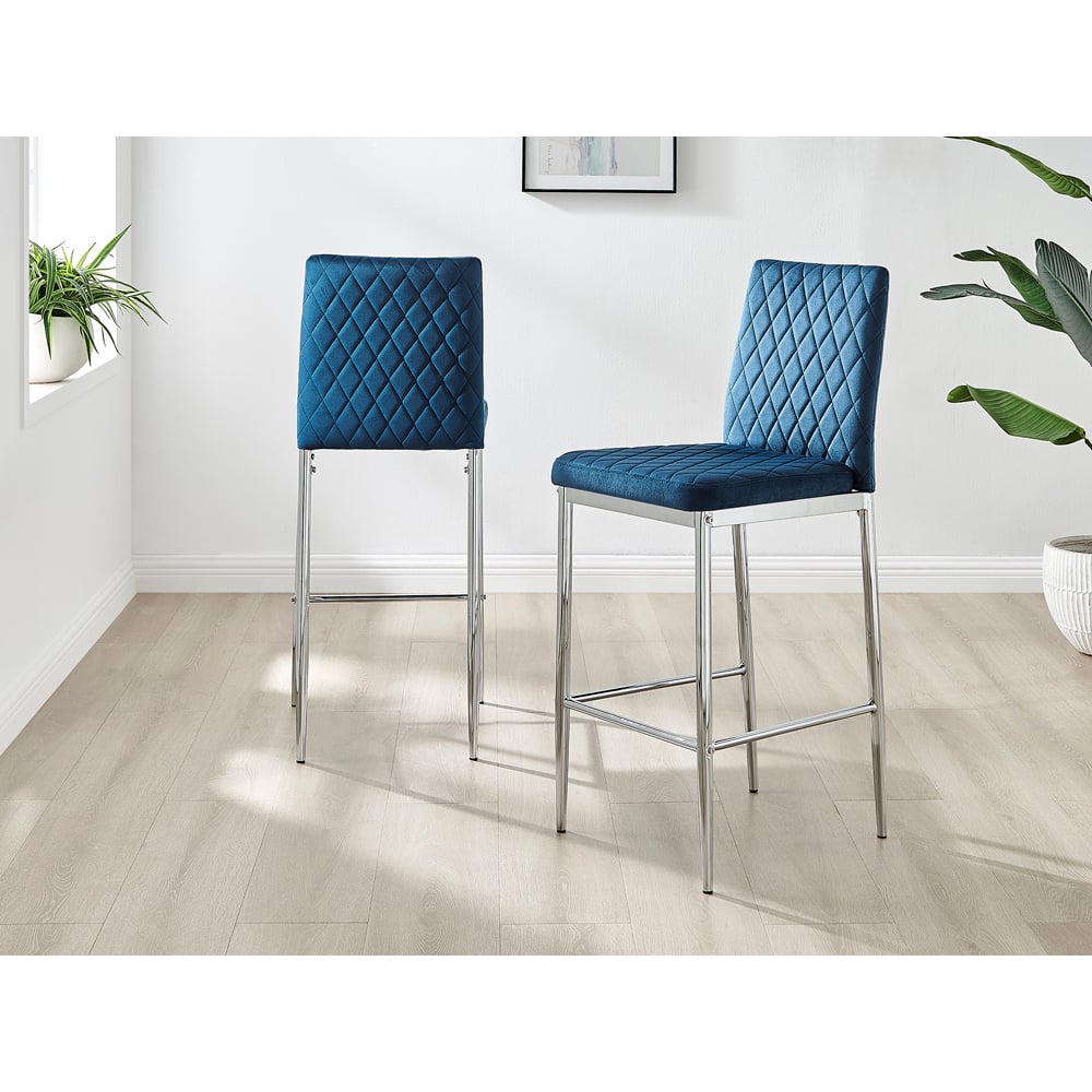 Furniturebox Modern Valera Navy Blue and Silver Velvet Bar Stool Set of 2 Image 7