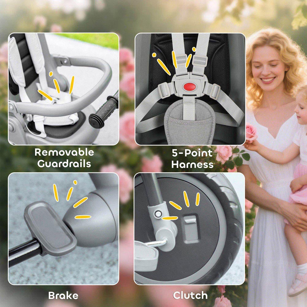 Tommy Toys 6-in-1 Toddler Grey 5 Point Harness Trike with Parent Handle Image 7