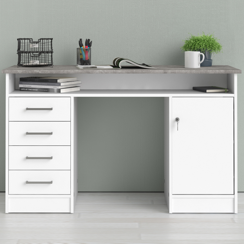 Florence Function Plus Single Door 4 Drawer Desk White and Grey Image 1