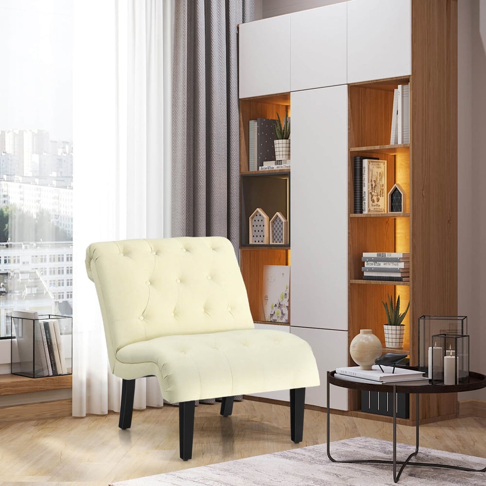 Costway Beige Button Tufted Linen Upholstered Accent Chair Image 5