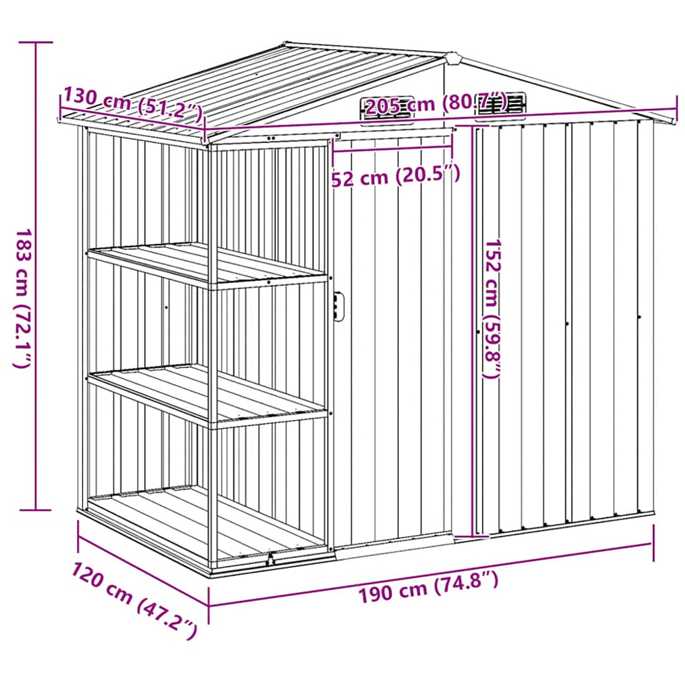 vidaXL 6.7 x 4.3ft Brown Galvanised Iron Apex Garden Shed with Log Rack Image 7