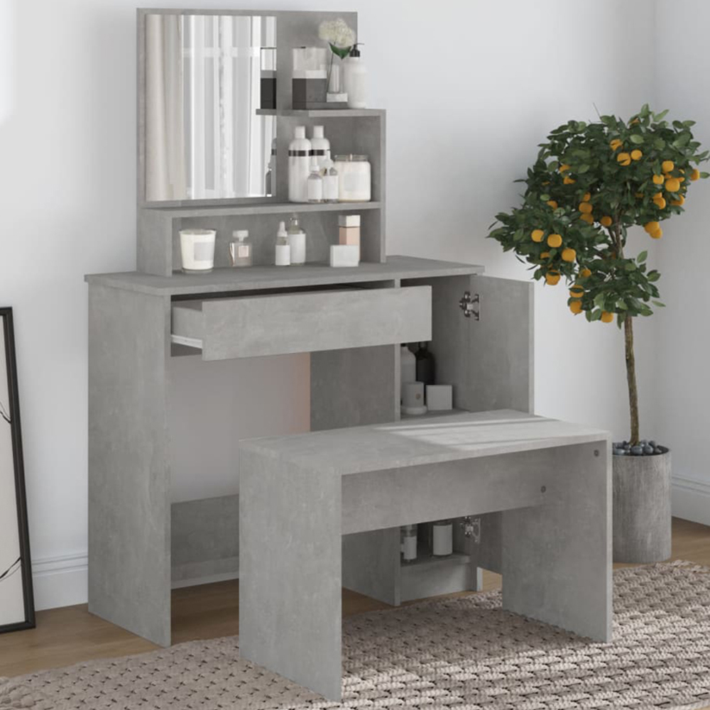 vidaXL Single Door Single Drawer Concrete Grey Dressing Table and Stool Set with Mirror Image 1