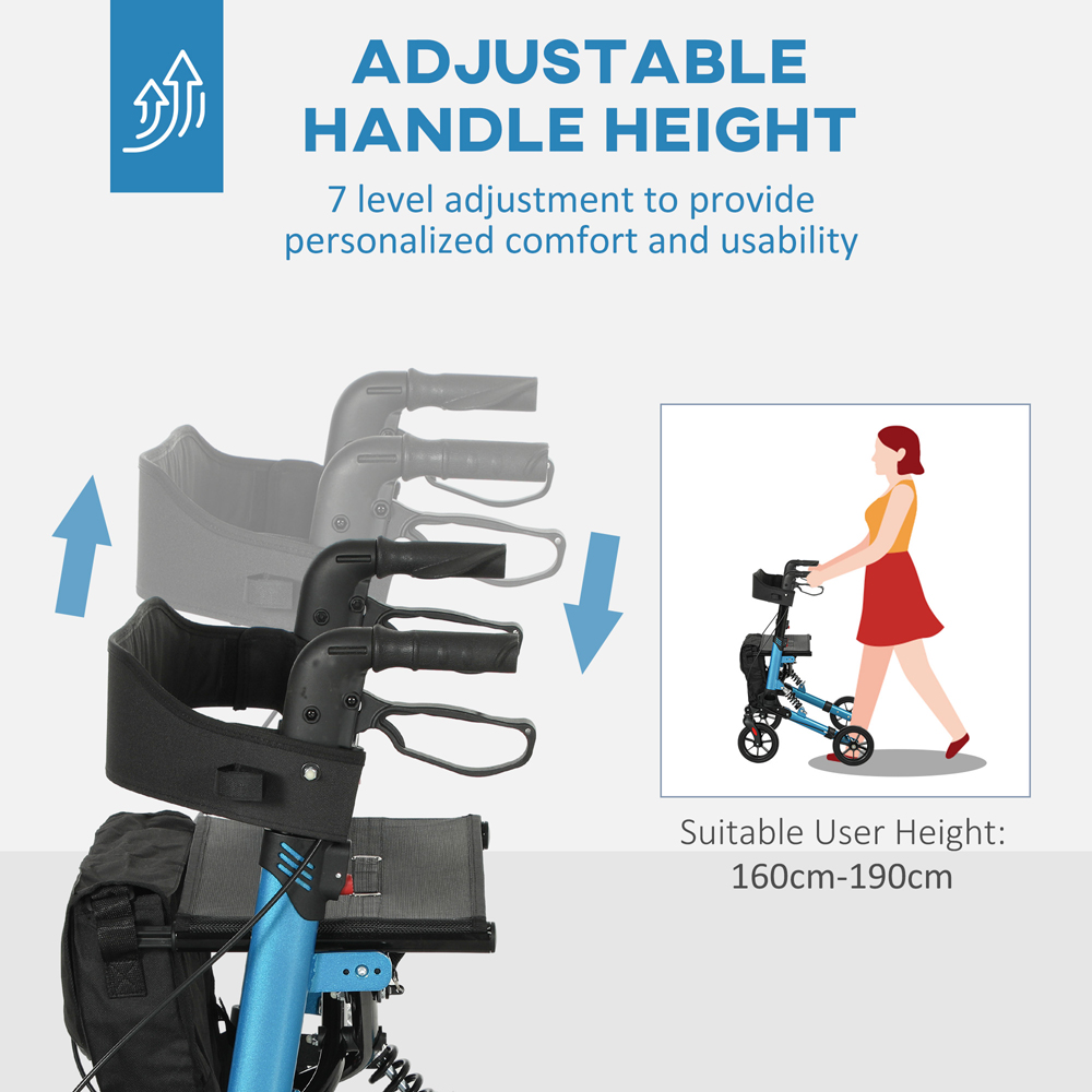 HOMCOM Blue 4-Wheel Foldable Rollator Walker with Suspension Seat and Storage Bag Image 6