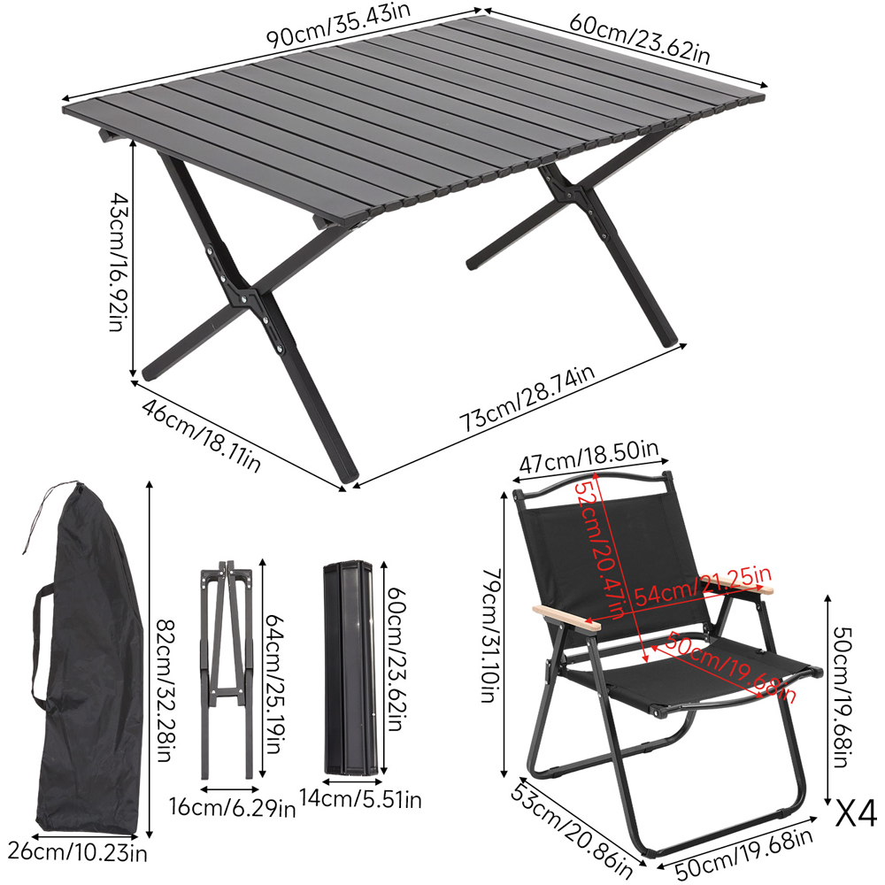Living and Home 4 Seater 90cm Black Camping Table and Chair Set Image 8