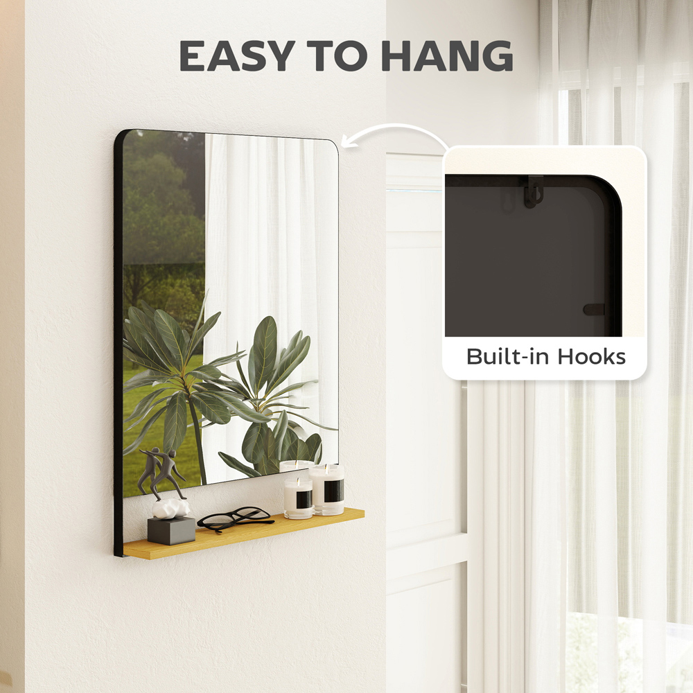 Portland Black Metal Frame Industrial Wall Mirror with Wood Shelf 80 x 60cm Image 8