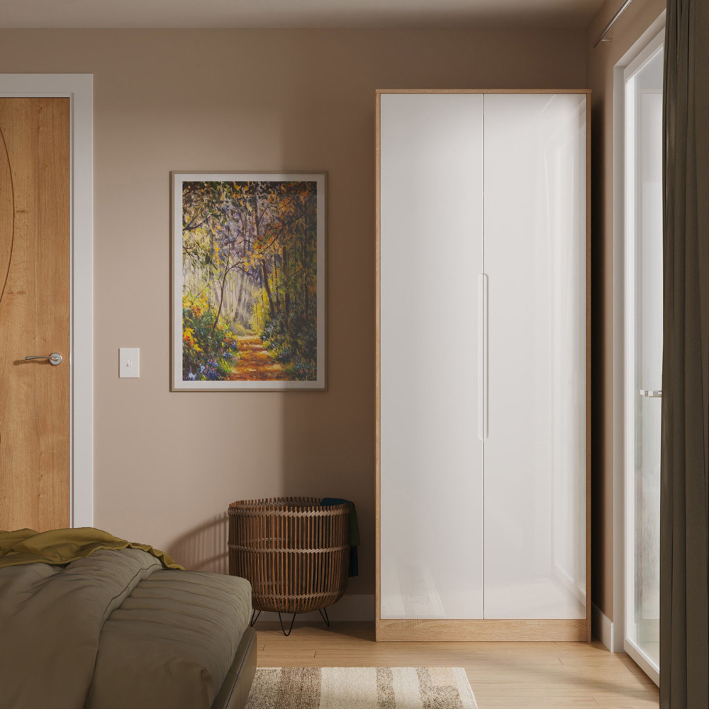 Crowndale Monaco 2 Door White Gloss and Bardolino Oak Tall Wardrobe Ready Assembled Image 7