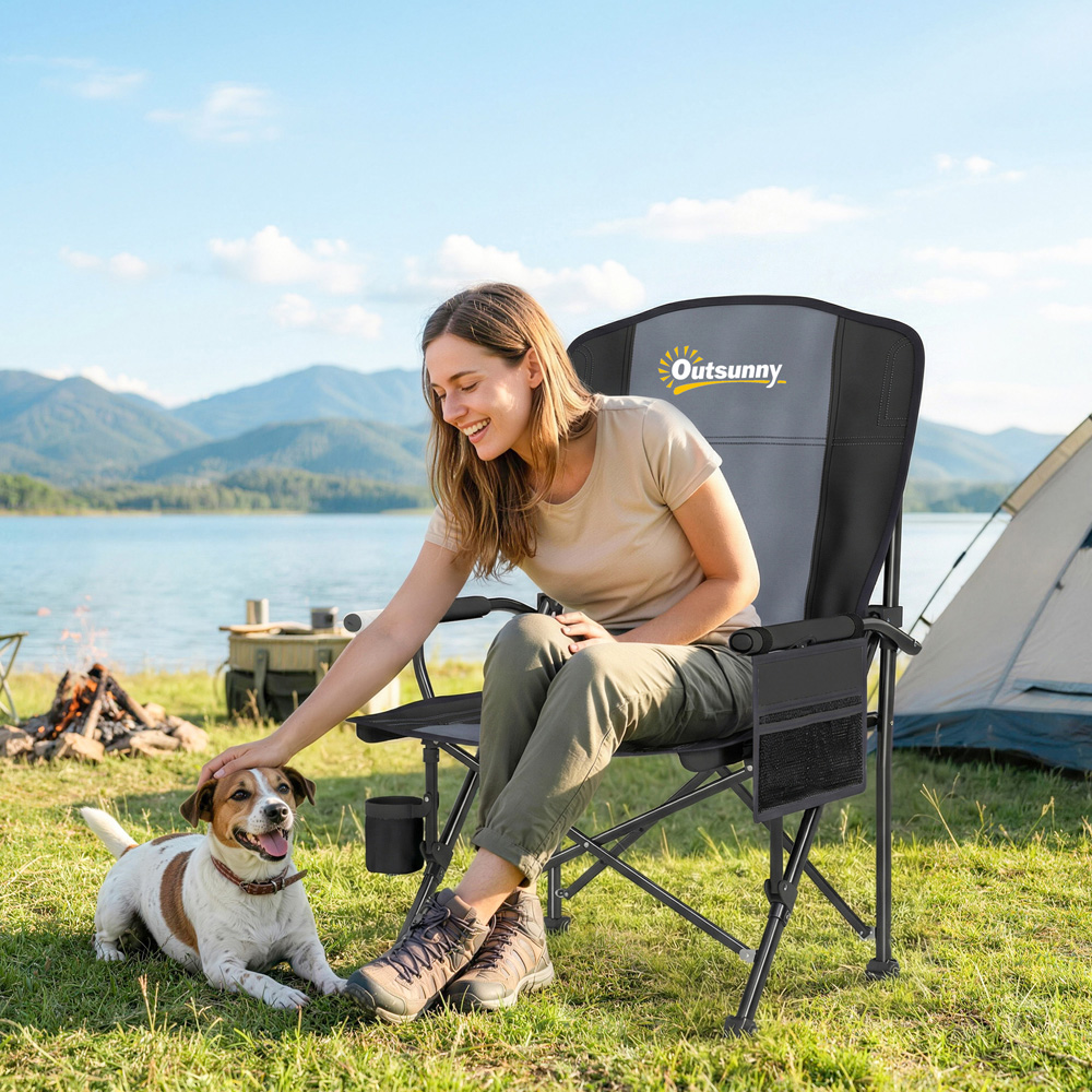 Outsunny Black Padded Foldable Camping Chair with Side Pocket Image 2