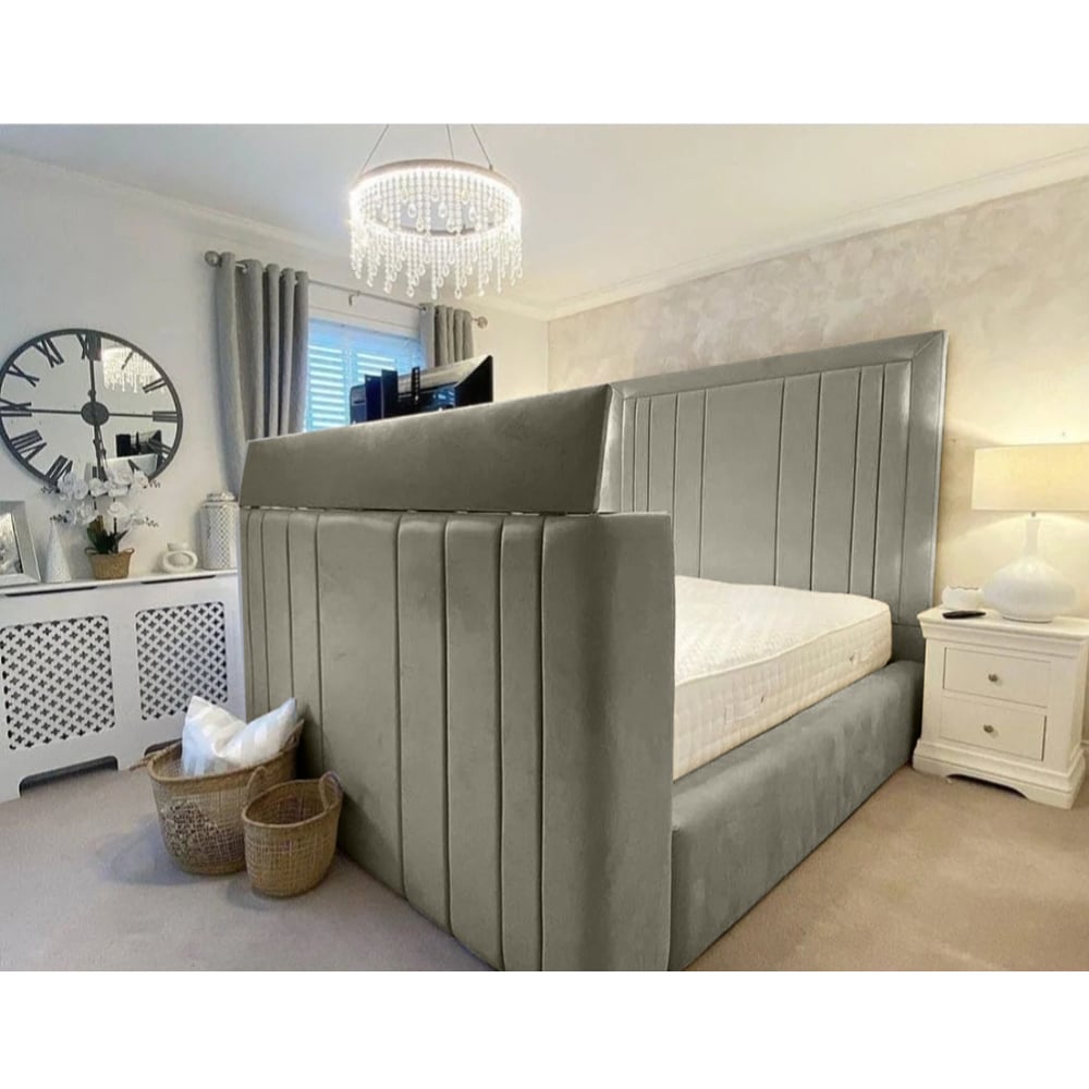 Eleganza Home Genna King Size Grey Plush Velvet TV Bed Frame with Lined Headboard Image 3