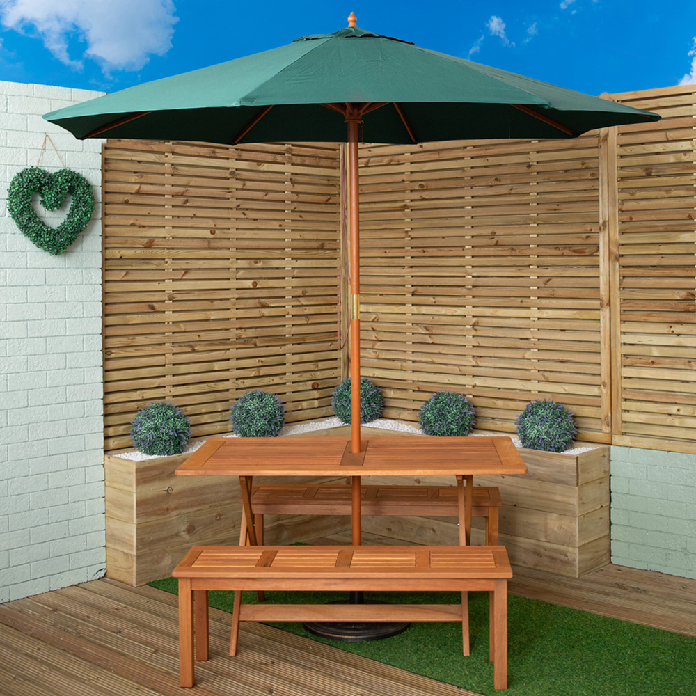 Samuel Alexander 4 Seater Wooden Rectangular Dining Bench Set with Green Parasol and Base Image 1