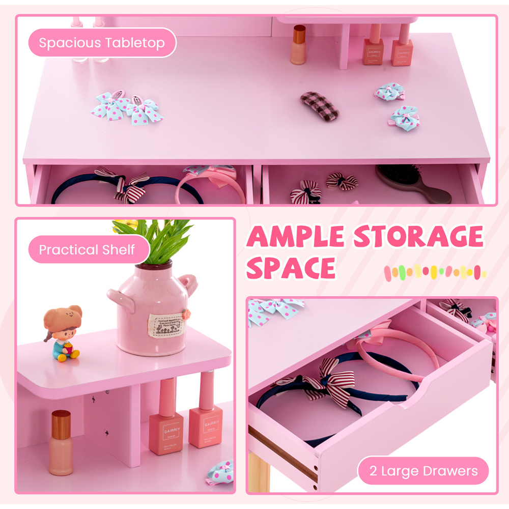 Costway Kids Light Pink Vanity Table and Stool Set with Square Mirror and Storage Shelf Image 5